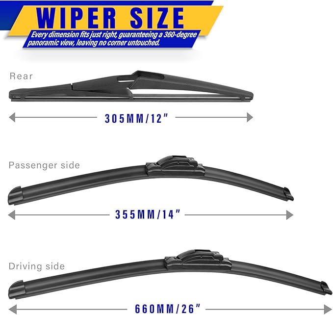 3 wipers Replacement for 2008-2013 Nissan Rogue/2014-2015 Nissan Rogue select, Windshield Wiper Blades Original Equipment Replacement - 26"/14"/12" (Set of 3) U/J HOOK