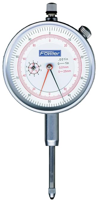 Fowler 52-530-110 Inch/Metric Dial Indicator White Face, 1"/25mm Maximum Measuring Range, Balanced and Continuous Reading, 0.001"/0.01mm Graduation Interval