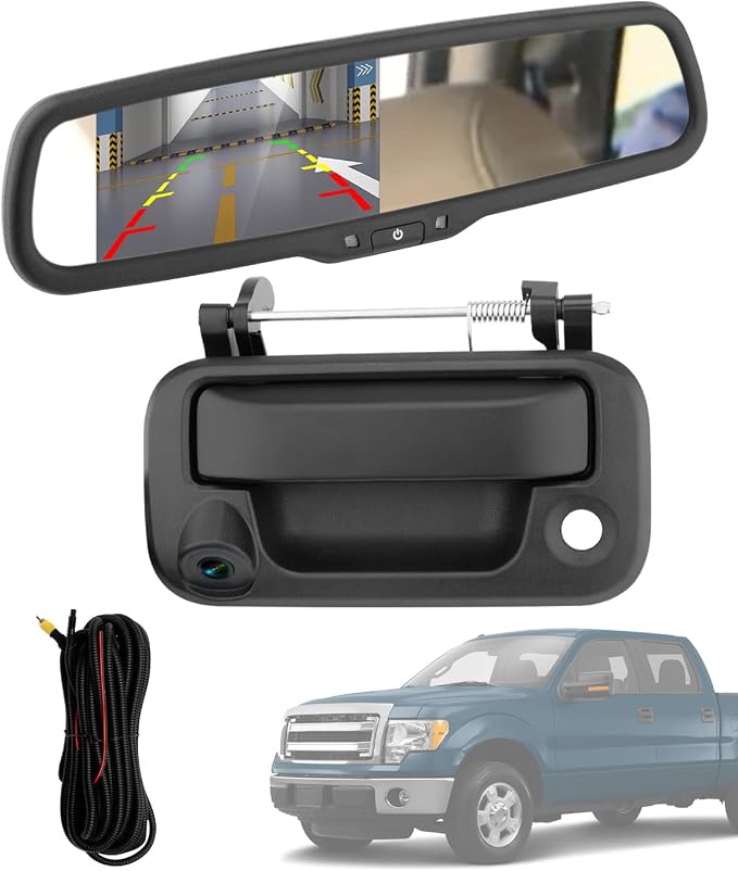 Tailgate Backup Camera Handle w/Rearview Mirror Monitor, Compatible with 2004-2016 Ford F150 / F250 F350 F450 F550 Super Duty/Explorer, 4.3" Rear View, 170° Viewing Angle, Waterproof Reverse Camera