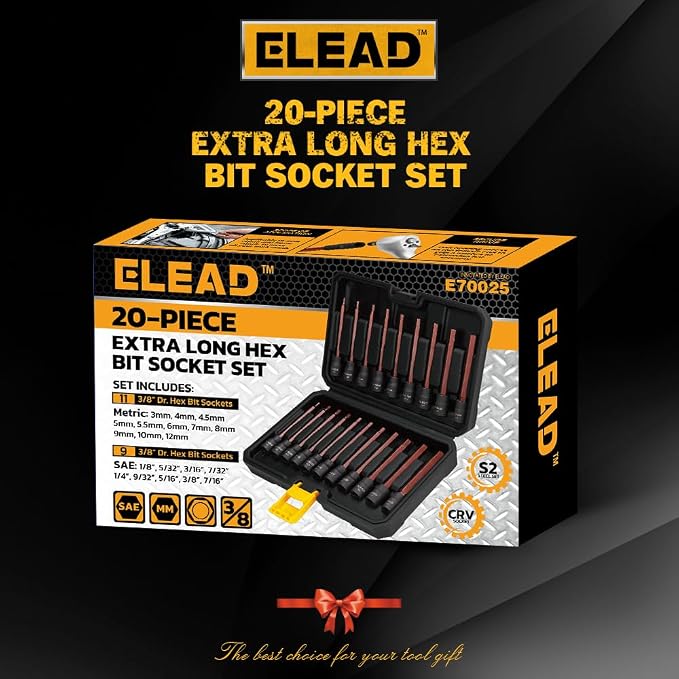 Extra-Long Allen Hex Bit Socket Set: 20-Piece 3/8 Inch Drive, 110mm S2 Steel, Standard SAE & Metric (1/8-Inch - 7/16-Inch, 3-12mm) for Impact Drills and Ratchet Wrenches