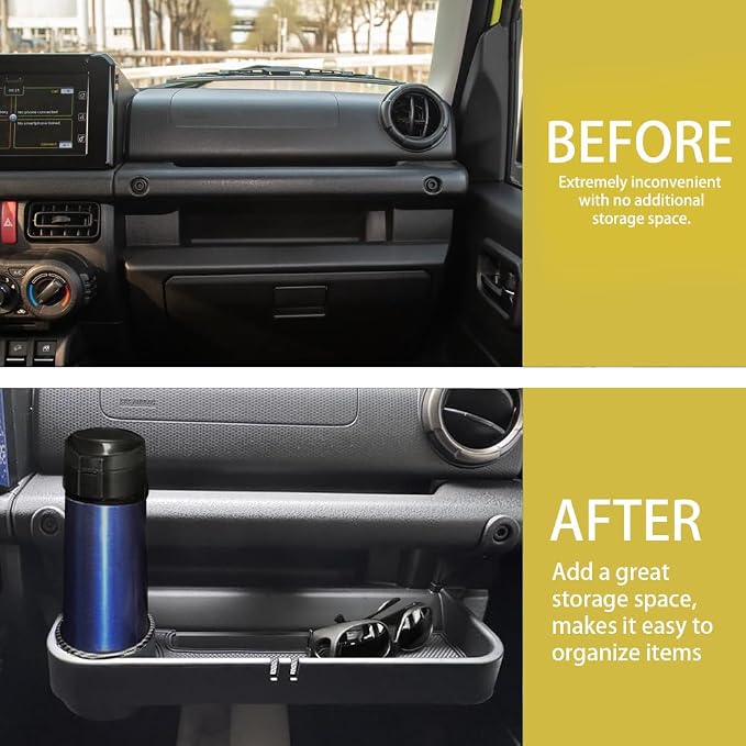 Grab Bar Tray Passenger Side Co-Pilot Handle Expansion Storage Tray Organizer Box Cup Holder Fit for Suzuki Jimny 2019-2025 Interior Accessories (Carbon Fiber Look Ring)