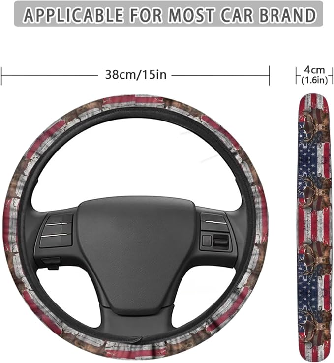 3D Deer American Flag Print Car Accessories Set of 13, 4 PCS Car Front and Rear Seat Covers, 1 Steering Wheel Cover, 4 PCS Soft Seat Belt Shoulder Pad and 4 PCS Cup Coasters Fit for SUV Van