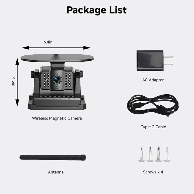 Wireless Magnetic Backup Camera Replacement Add-on for RV | Solar 15000mAh Rechargeable Battery Reverse Camera. Waterproof Night vision for Truck, Trailer, Pickup, Tractor, Camper