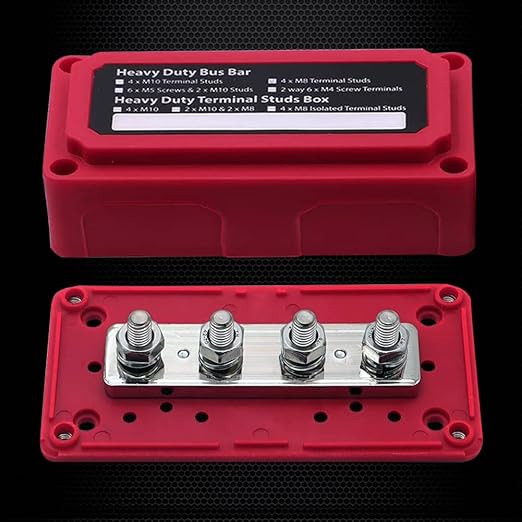 4 x M8 (5/16") Studs Power Distribution Block Bus Bar 12V, Ampper Waterproof HD 200A Marine BusBar Battery Distribution Block W/Cover for Auto Boat Solar (Red & Black)