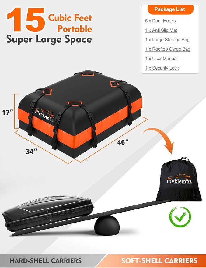 FIVKLEMNZ Rooftop Cargo Carrier - 15 Cubic Waterproof Roof Top Cargo Bag for All Cars SUVs with/Without Rack, Heavy Duty 840D Car Roof Bag with Anti-Slip Mat, 8 Reinforced Straps, 6 Door Hooks & Lock