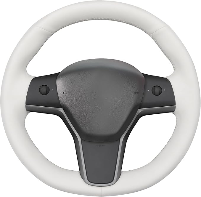MEWANT Stitching White Faux Leather Steering Wheel Cover for Tesla Model Y Model 3 DIY Steering Wheel Wrap Accessory