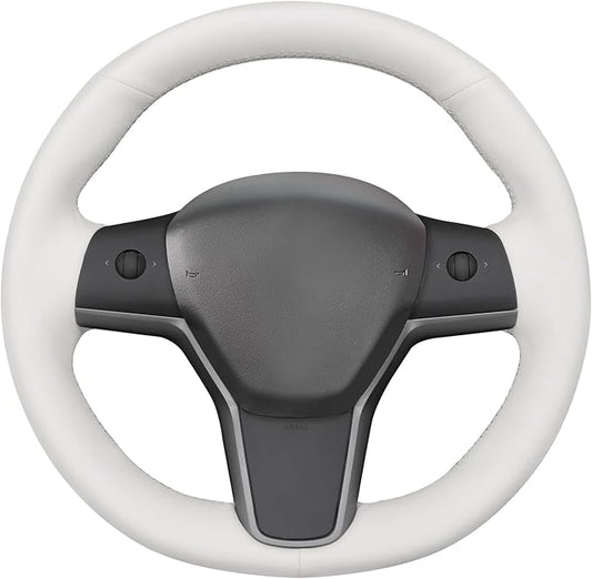 MEWANT Stitching White Faux Leather Steering Wheel Cover for Tesla Model Y Model 3 DIY Steering Wheel Wrap Accessory