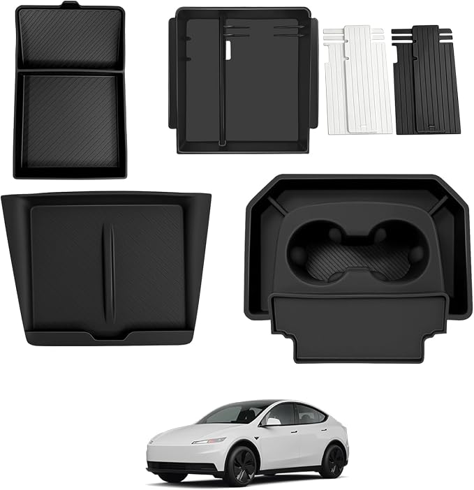 BestEvMod 4PCS Center Console Organizer Compatible with 2026 2025 Tesla Model Y Juniper | Standard Version | Accessories Armrest Storage Tray Cup Holder Wireless Charging Pad (Silicone Bottom Tray)