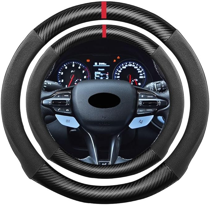 Suede Carbon Fiber Steering Wheel Cover, Compatible with Accent Elantra Kona Tucson Veloster 14.25 inch Soft SuedeTouch Leather Sport Non-Slip Automotive Interior Accessories