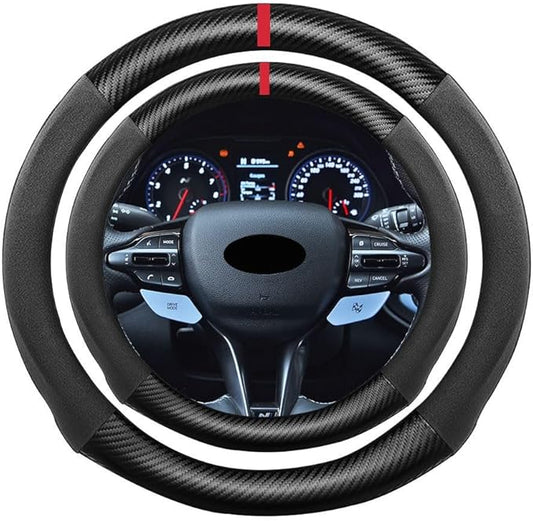Suede Carbon Fiber Steering Wheel Cover, Compatible with Accent Elantra Kona Tucson Veloster 14.25 inch Soft SuedeTouch Leather Sport Non-Slip Automotive Interior Accessories