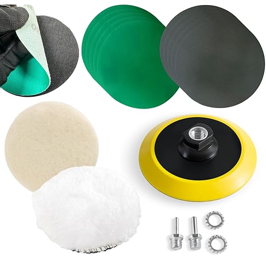 LINE10 Tools Glass Epoxy Resin Plastics Sanding Polishing Kit for Drill or Orbital Sander Polisher or Angle Grinder with Hook and Loop Backing Plate Wool Felt Buffing Pads Green Film Wet Dry Sandpaper