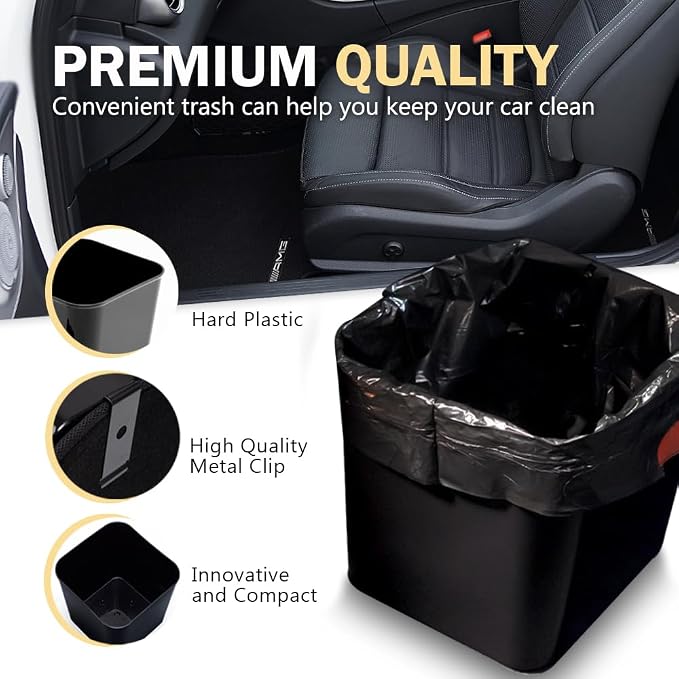 Black Car Trash Can Plus Trash Bag Bundle – Waterproof, w/Floor Mat Clip, Leakproof Build, Portable – Includes 1 Roll Inside + 6 Extra Roll (140pcs Total) – Black, Large – for Cars, SUV, &