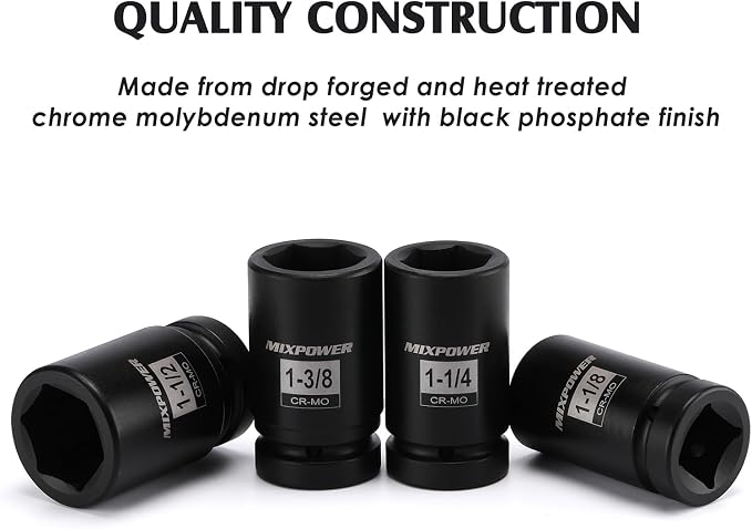 MIXPOWER 9PCS 1"Drive Impact Deep Socket Set, 6 Point, 1" - 2", CR-MO, SAE, Deep, 1" Dr. Deep Spindle Axle Nut Impact Socket Set