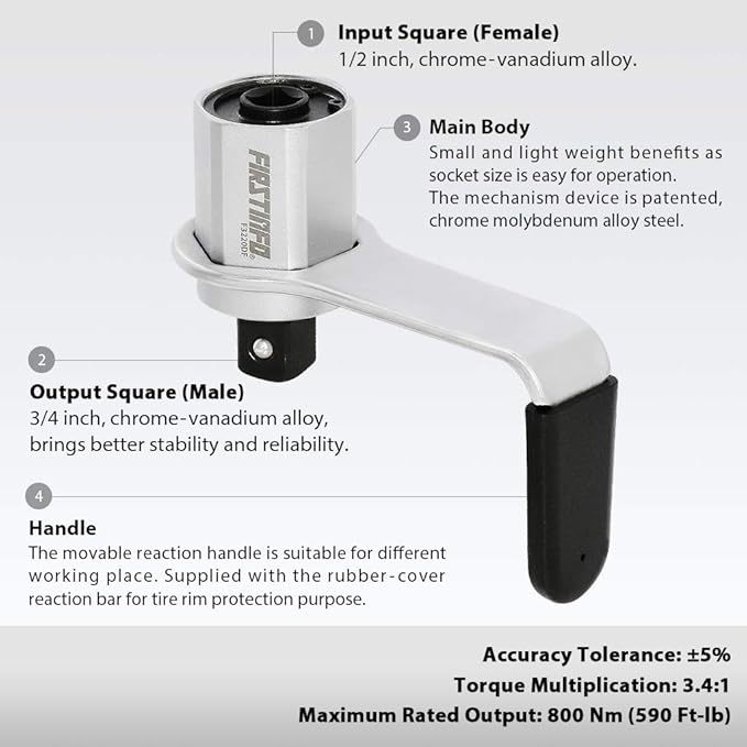 FIRSTINFO F3220DF - 800 N.m. (590 Ft-lbs) Manual Torque Multiplier 3.4:1 Wrench, 1/2 inch Drive (Female/Input) to 3/4 inch Drive (Male/Output) Adaptor, Max. 800 Nm Lug Nut/Labor Saving Tool