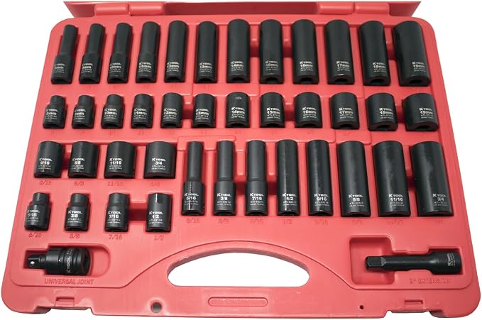 K Tool International 37042 SAE and Metric Impact Socket Set with 3/8" Drive for Garages, Repair Shops and DIY, 6-Point, Heat-treated, Chrome-moly Steel, Laser Engraved, Molded Case, 42 Piece