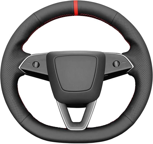 MEWANT Hand Stitched Matte Carbon Real Leather Steering Wheel Cover Wrap for Tesla Model 3 Highland 2023 2024 2025 Steering Wheel Accessories Red Marker