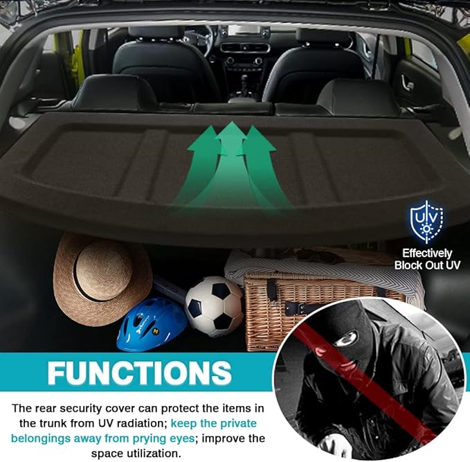 Powerty Cargo Cover for 2018-2023 Hyundai Kona Trunk Cover Trunk Shielding Shade for Kona Accessories Cargo Luggage Cover No Gap (Can Withstand Load)