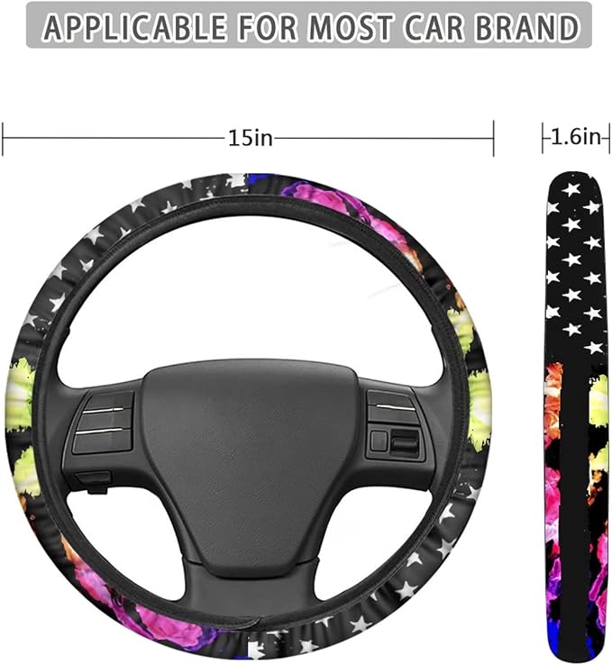 Suobstales American Flag Sunflower Car Accessories with Car Front Rear Split Seat Covers, Colorful Tie Dye Floral Seat Belt Pads + Steering Wheel Cover + Coaster + Keyrings for Women Set of 11-Pcs