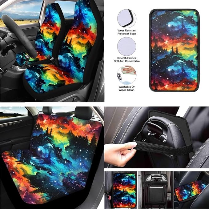 Nebula Starry Sky Galaxy Car Seat Cover Full Set Universal Starry Space 13 Pcs for Front and Back Seat Cover Keychains for Trucks Sedan SUV