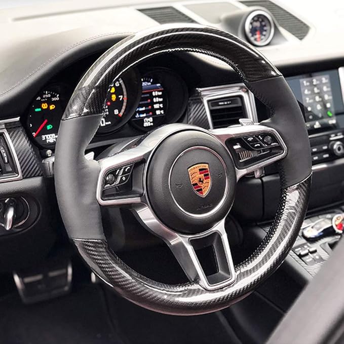 Black Nappa Leather & Carbon Fiber Auto Interior Accessory Steering Wheel Protector Cover Hand-Stitch on Wrap Fit for Porsche Panamera Macan Cayenne 911 996 997 959 Cayman Boxster