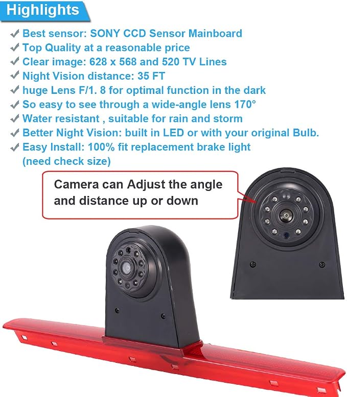 HD 170° Auto Transporter Brake Light Roof Rear View Reversing Backup Camera Parking Aids System with Angle Adjustable Compatible with V W Multivan T5 V 5 Van/Caravelle V Bus Kasten 7EB 7EJ 7HB 7HA