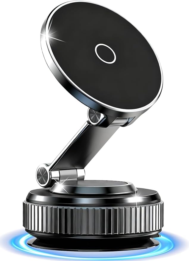 Car Phone Holder Upgraded Vacuum Magnetic Phone Holder for Car with N52 Magnet, Adjustable Suction Cup Phone Mount, Includes Metal Ring
