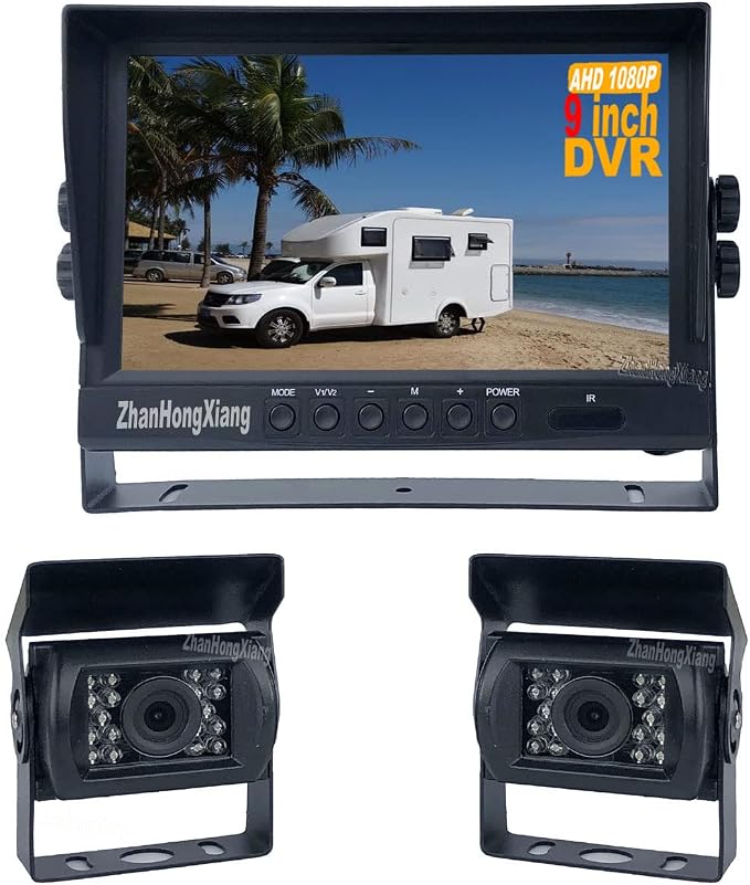 HD 1080P RV Backup Camera 9 inch DVR Monitor System,2 x 4 Pin Car Reverse Rear View Mirror Blindspot Camera + 9" IPS 2 Split Screen with 10m/20m Cable for Semi Truck Trailer Camper