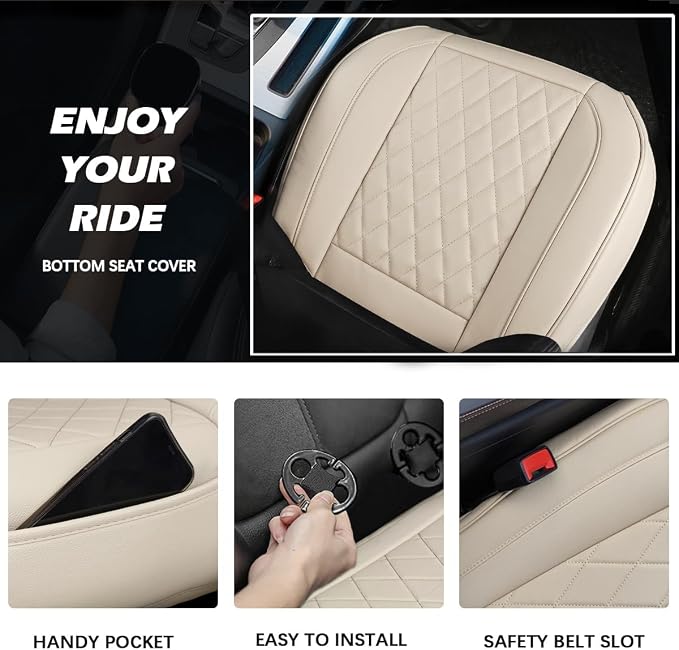 Beige Bottom Seat Cover for Cars Front Seats & Back Bench Full Set, Luxury Faux Leather Automative Seat Cushion Cover, Anti-Slip, Waterproof, Universal Fit
