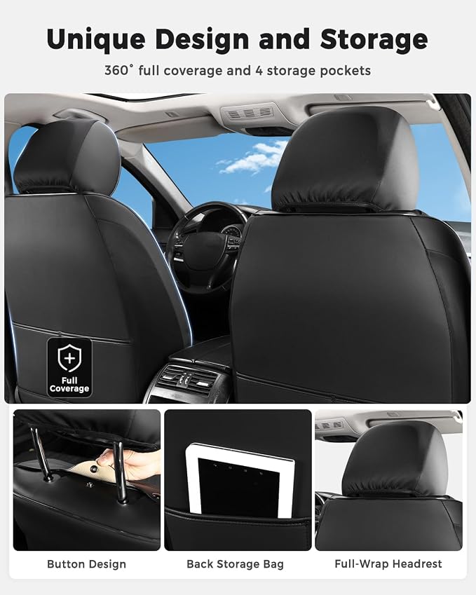 Huidasource Black Car Seat Covers, Waterproof Faux Leather Universal Fit Most Cars Sedans SUVs Trucks Airbag Compatible, Cup Holder Access, Car Seat Compatible, Easy Install, Wipes Clean