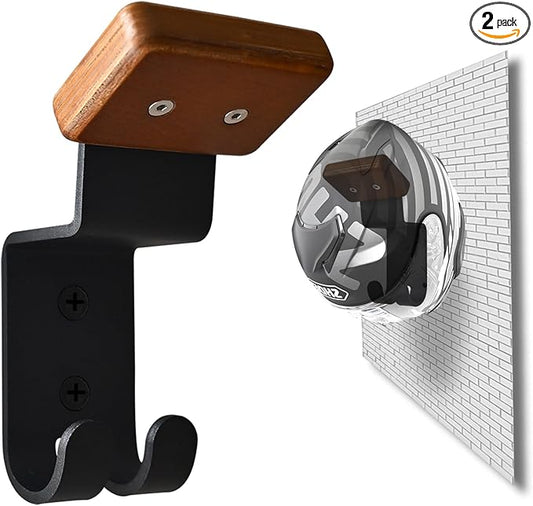 Helmet Holder Wall Mount, Motorcycle Gear Rack with 2 Key Hooks, Constructed with Solid Wood & Strong Steel for Bike Tactical Gear Baseball Football Skiing Helmet (1)