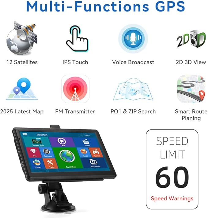 JFX GPS Navigator for Car Truck RV, 7" Touchscreen GPS Navigation System for Car with 2026 Map, Voice Turn-by-Turn Guidance, Speed & Red Light Warning, Custom Truck Routing, Free Lifetime Updates