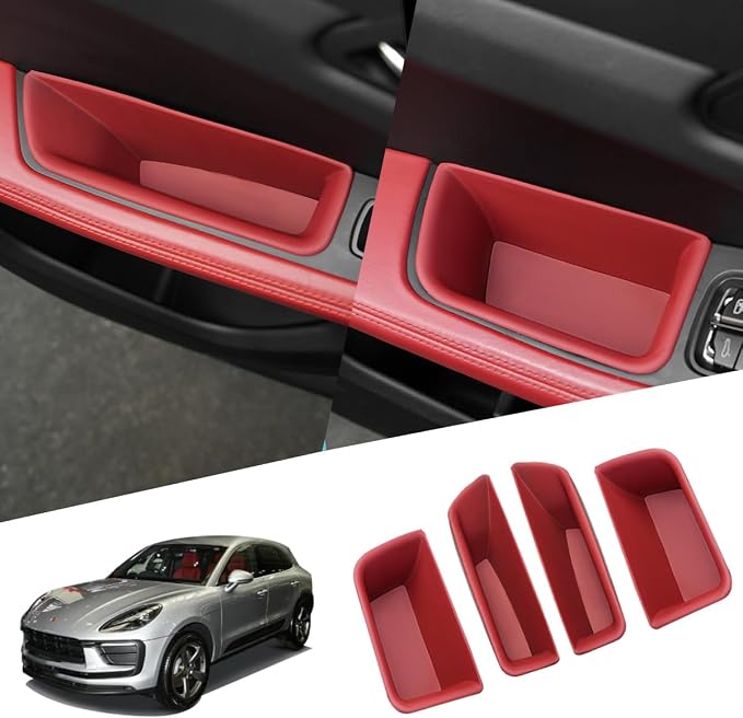 4PCS Door Side Storage Box for Porsche Macan Accessories 2014-2026, Front Rear Car Door Handle Organizer Tray for Phone, Keys, Cards, Macan Car Accessories Interior (Red for Ma-can 2014-2026)