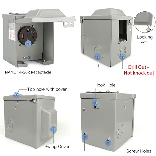 50 Amp 125/250 Volt EV Power Outlet Box, NEMA 14-50R 50 Amp EV Charging Receptacle Outlet Box, Enclosed Lockable Weatherproof Outdoor Electrical NEMA 14-50R Receptacle Panel, Heavy Duty, ETL Listed