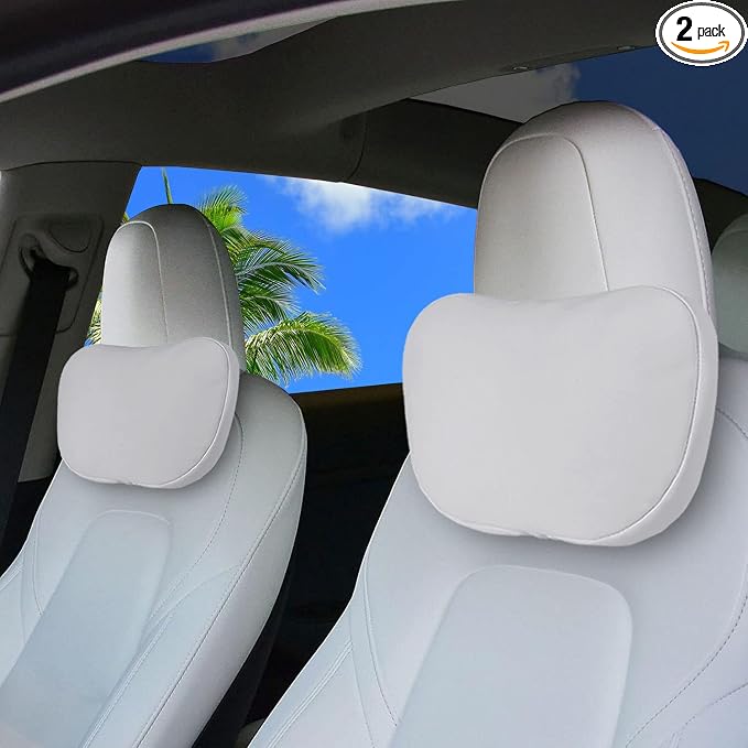 2 Pack Car Headrest Neck Pillow for Tesla Model 3 Model Y S X & Cybertruck Accessories, Car Seat Pillow Head Neck Rest Cushion(Upgrade White)