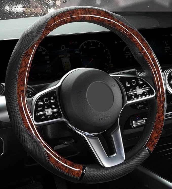 Peach Wood Grain Steering Wheel Cover Anti-Slip Breathable Durable Leather Four Seasons Universal 15 Inch Car Wrap Cover (Coffee)