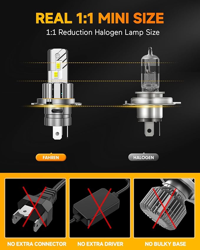 FAHREN H4/9003 Hi/Low Beam Light Kits, 𝟖𝟎,𝟎𝟎𝟎𝐋𝐌 𝟏𝟓𝟎𝟎% Brightest Bulb 𝟑𝟔𝟎° 𝐀𝐝𝐣𝐮𝐬𝐭𝐚𝐛𝐥𝐞 Quick Install, 1:1 Mini Size No Adapter H4 Electrical Gauges Light Kit, Pack of 2