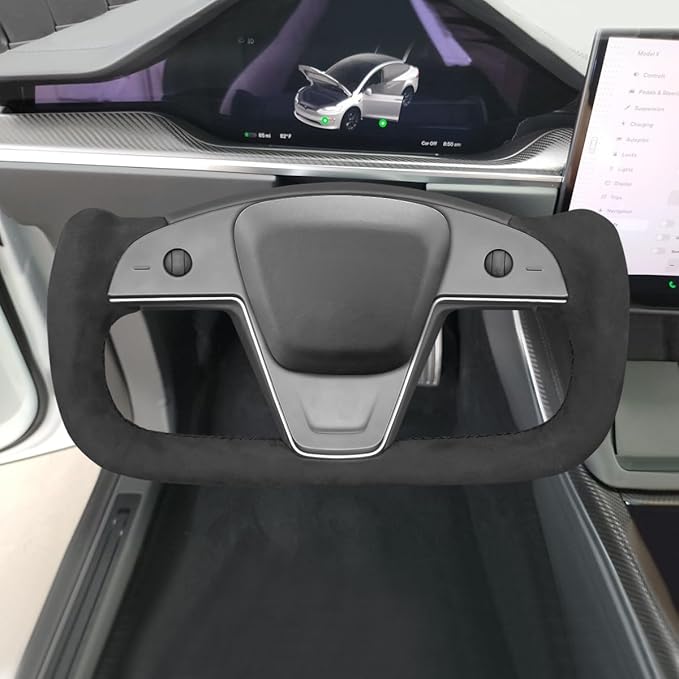 MEWANT Hand Stitch on Black 9040 Athsuede Steering Wheel Cover Wrap for Tesla Model S Yoke 2021-2023 Model X 2021-2023