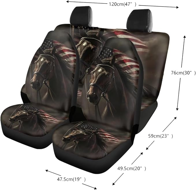 Horse American Flag Print Car Seat Covers Full Set, 13 PCS Auto Accessories with Soft Steering Wheel Cover, Seat Belt Shoulder Pads, Coasters for Most Cars