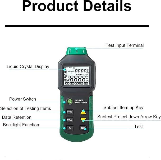 Circuit Analyzer AC100-240V RMS Circuit Analyzer Tester MS5908A LCD Circuit Analyzer, Voltage Detector GFCI RCD Fault Tester (MS5908A US Plug)