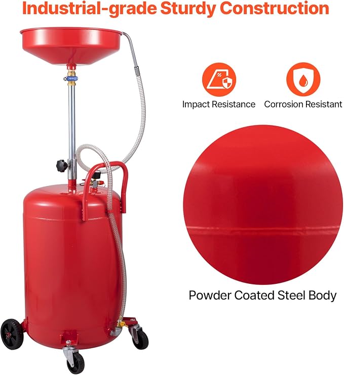 VEVOR 20-Gallon Waste Oil Drain Tank, Air Operated Portable Oil Drainer with Adjustable Funnel Height, Fluid Fuel Transfer Drainage with Wheels, Oil Change Container for Auto Repair Shops, Garages | Air Operated, Portable Oil Drainer, Adjustable Funnel...