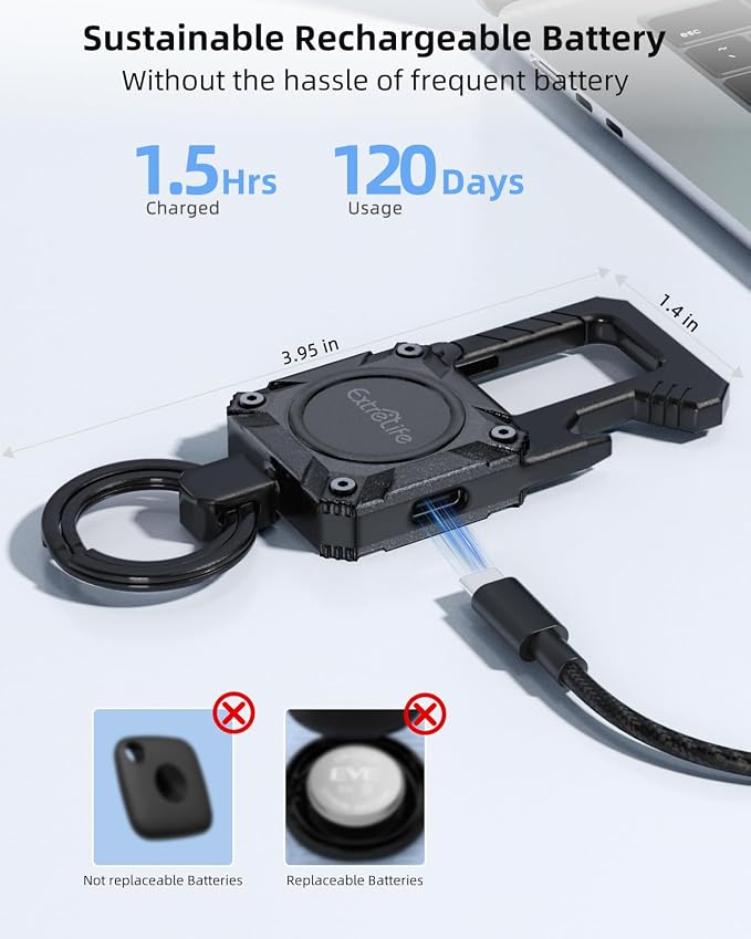ExtreLife Keychain, Works with Apple Find My, Bottle Opener, Carabiner Car Key Chains with Gps Tracker