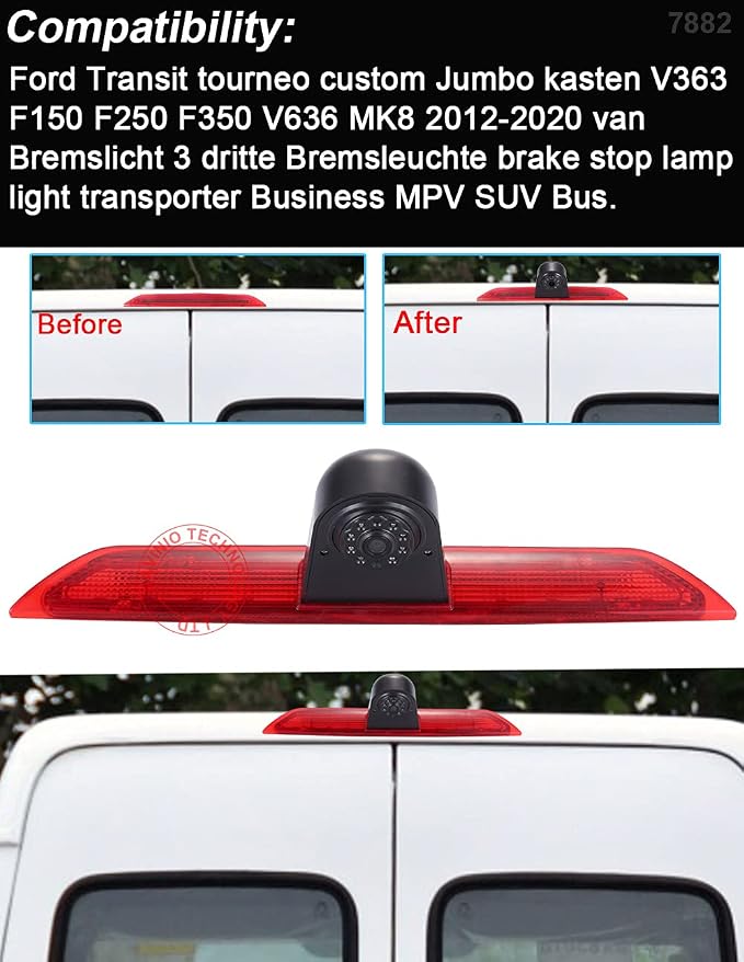 Car Third Roof Top Mount Brake Light 3 Rear View Camera, HD Night Vision Waterproof for Ford Transit tourneo Custom Jumbo Kasten V363 F150 F250 F350 V636 MK8 2012-2020 (with 4.3-inch Monitor)