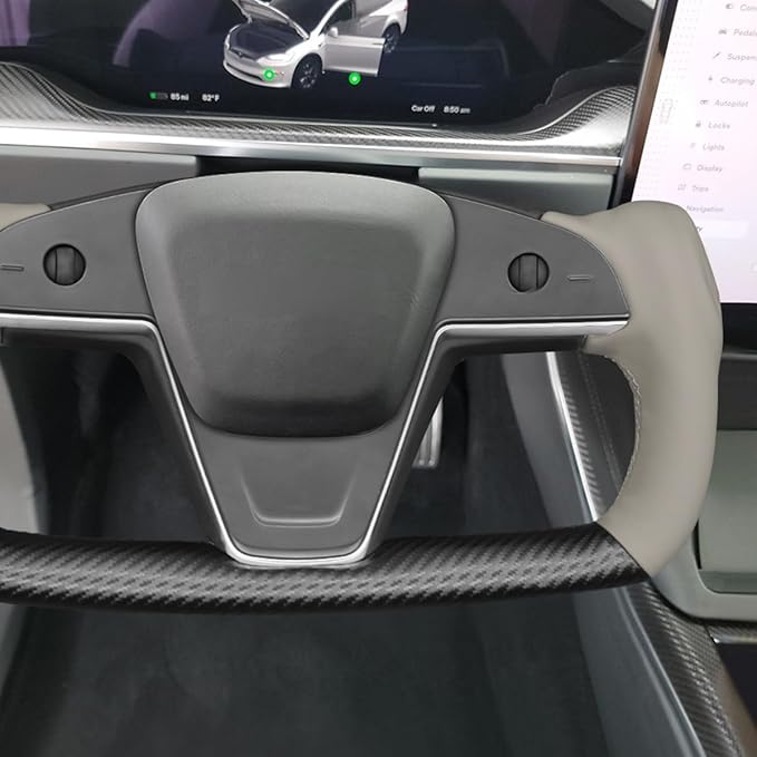 MEWANT DIY Grey Genuine Leather Black Matte PU Carbon Fiber Steering Wheel Wrap for Tesla Model S Plaid Yoke Model X