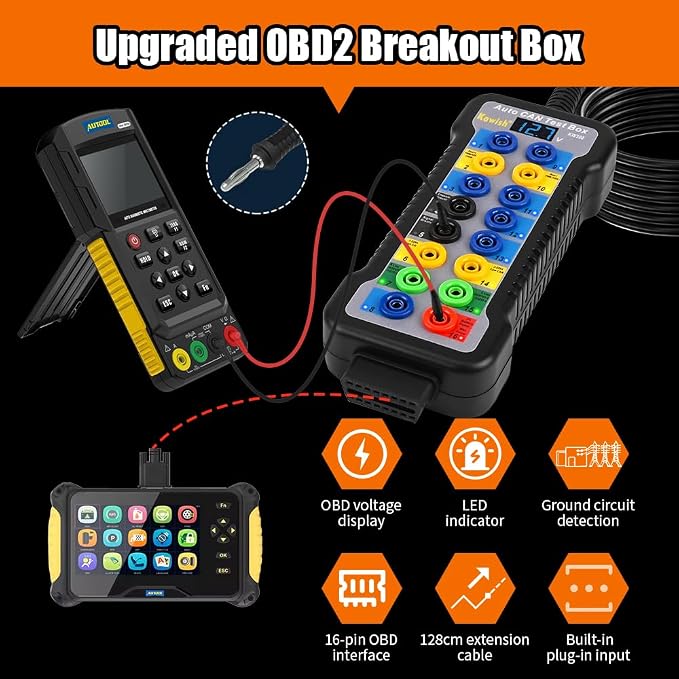 OBD2 Breakout Box with LED Light Indicator, Professional 16-Pin OBDII Breakout Box, Portable Automotive Electrical Diagnostic Test Tool with16pcs 4mm Banana Jump Wire