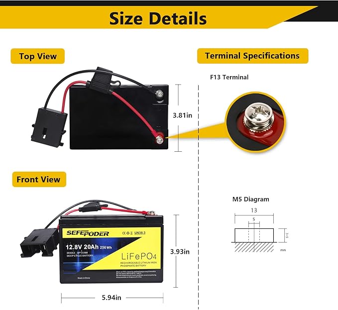 SEFEPODER Replacement Battery Compatible with Fisher Price Power Wheels 12 Volt Ride-On Vehicles,12V 20Ah Lifepo4 Lithium Ion Rechargeable Battery (Not Compatible ATVS)