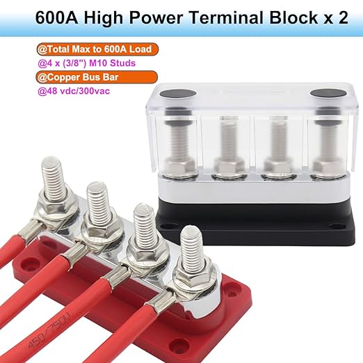 Bus Bar Copper 12V-48V DC 600A High Current Busbar Distribution Blocks with 4X 3/8" Posts Electrical Terminals, Heavy Duty Positive& Negative Ground Battery Buss Bars, Red&Black 2 Pack