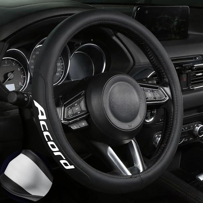 Leather Steering Wheel Cover with a Rubber Inner Ring fit for 14-15 Inch Breathable Lightweight Easy to Install Compatible with Accord