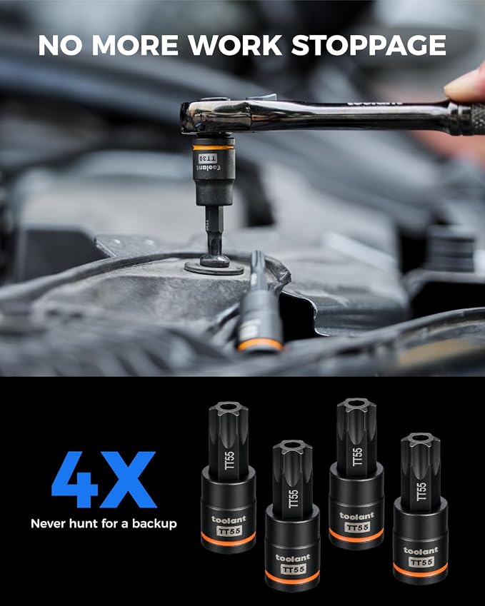 toolant Torx T55 Impact Bit Socket Set 4pcs, 3/8" S2 Steel Air Drive Star Sockets, Long High Impact Bits, Professional Mechanic & Automotive Repair Socket Set