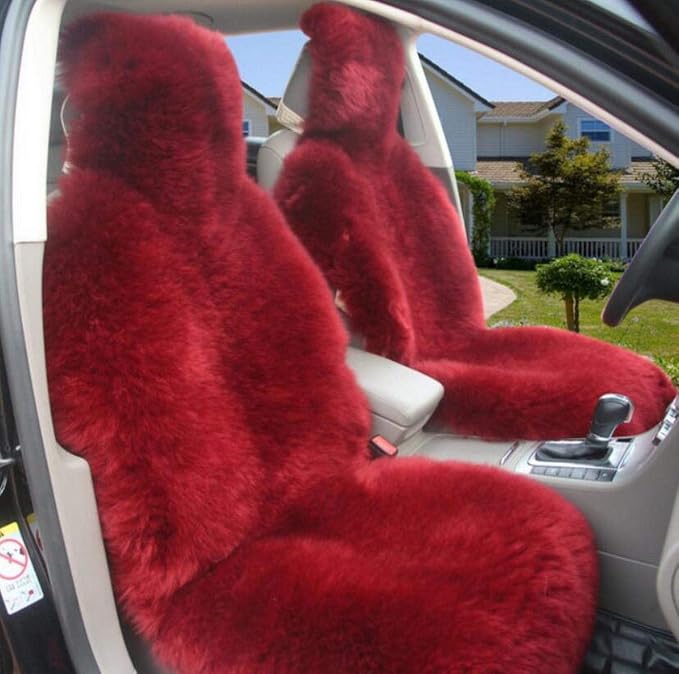 Winter Warm Authentic Australia Sheepskin Car Seat Cover Luxury Long Wool Front Seat Cover Fits Most Car, Truck, SUV, or Van (Wine red)