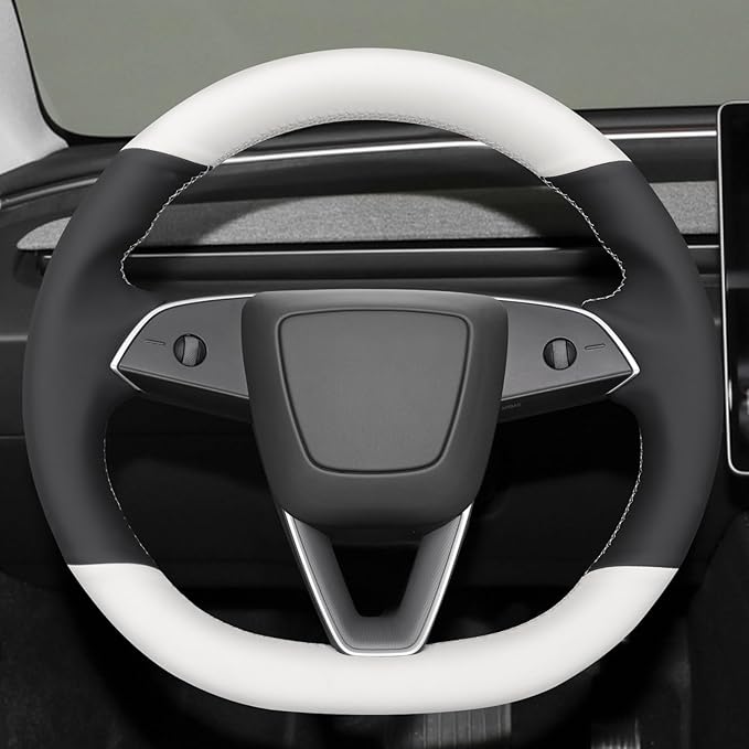 MEWANT Hand Stitch Black White Faux Leather Steering Wheel Cover Wrap for Tesla Model 3 Highland 2025 Model Y Juniper